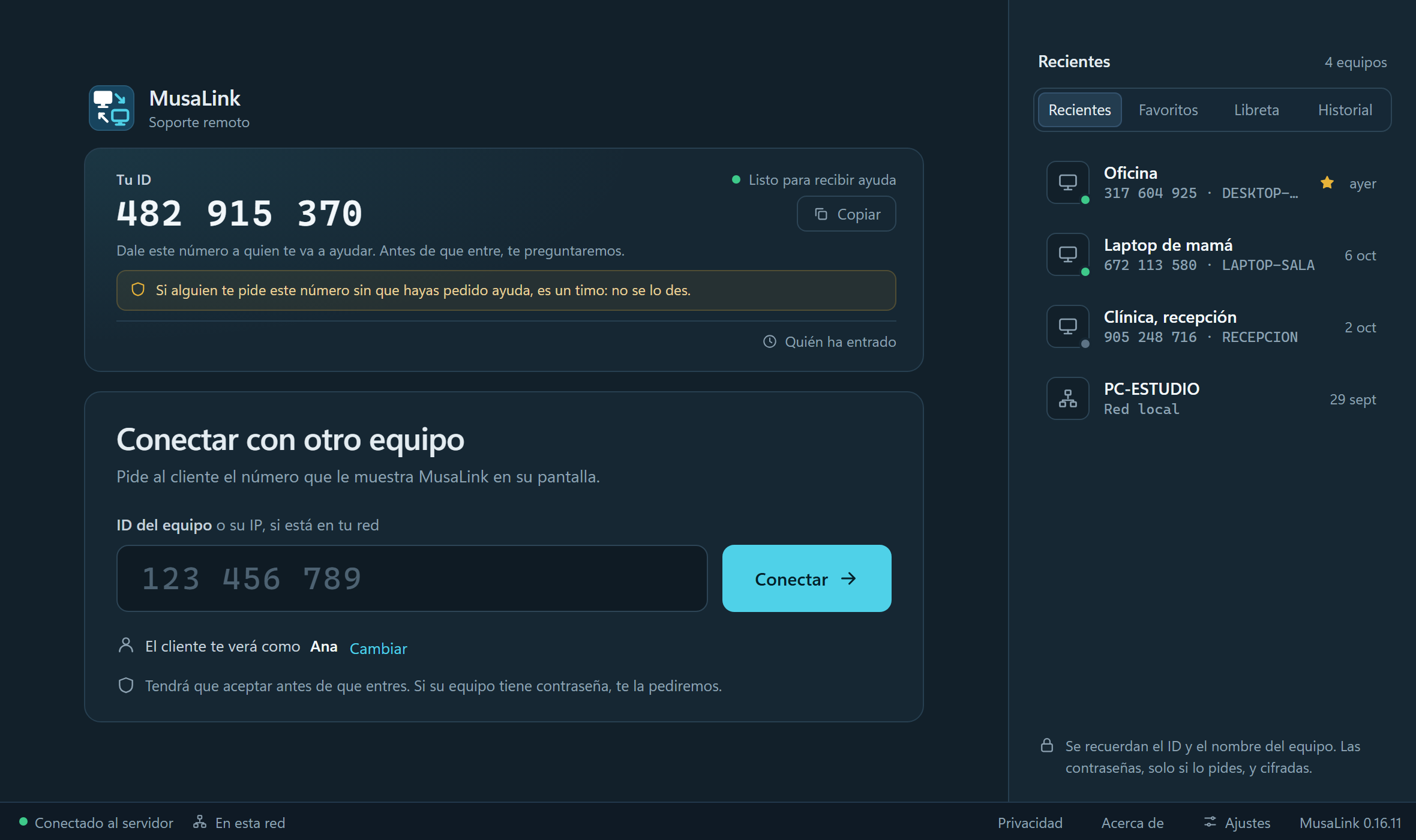 La pantalla de inicio de MusaLink: arriba tu ID de 9 cifras para dárselo a quien te ayuda; debajo, el campo para conectar con otro equipo; a la derecha, los equipos recientes.